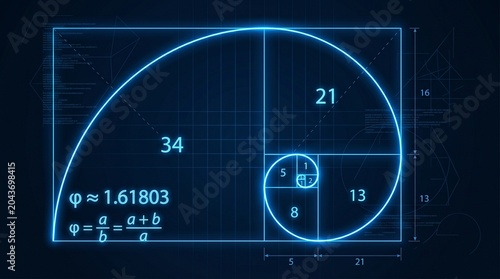 Digital representation of the Golden Ratio and Fibonacci sequence with a glowing spiral and mathematical formulas on a dark blue grid background.