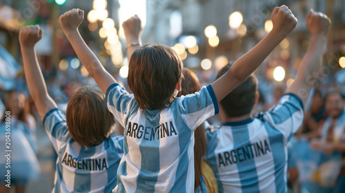 Argentine Family Celebrating Victory on City Street in ARGENTINA Striped Jerseys, Rear View