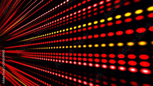The illustration shows a bright LED or pixel panel where bright stripes of red, yellow and white light create an effect of movement and energy. Digital flow. Dynamics of light and pixel energy.