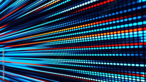 The illustration features a vibrant LED or pixel panel, with bright stripes of blue, red and white light creating an effect of movement and energy. Digital Flow. Light Dynamics and Pixel Energy.