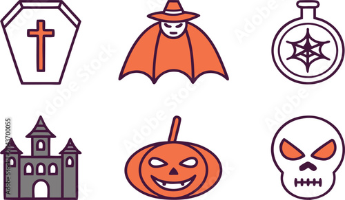 Cuadro en lienzo Halloween themed flat set with haunted house cat ghost pumpkin and witch flat ha