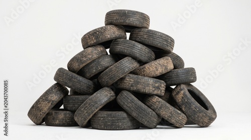 Pile of Used Tires on White Background