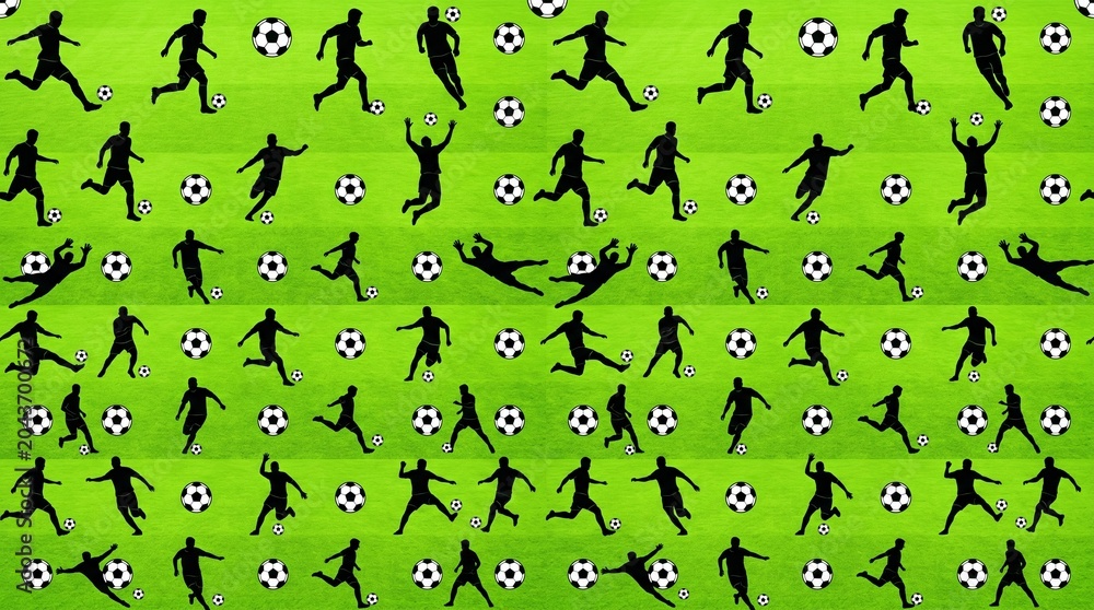 Soccer players and balls pattern on vibrant green field sports illustration