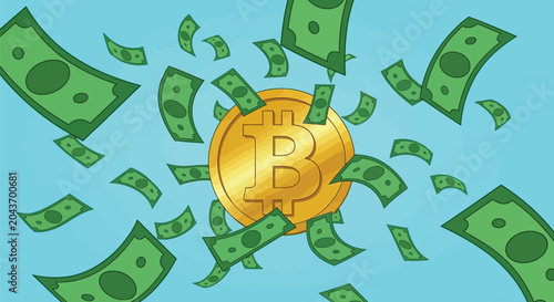 Bitcoin golden coin surrounded by flying paper money bills on a bright blue background, cryptocurrency and financial success concept.