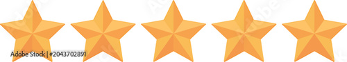 Vector Illustration Five golden stars aligned horizontally isolated on transparent background for customer review rating and feedback collection.