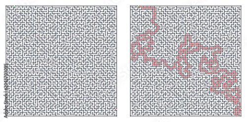 Bild auf Leinwand Navigational 60x60 maze game grid with red solution line for web design, games,