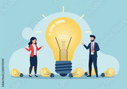 Tablou pe pânză Business man and woman standing next to giant glowing lightbulb representing creative ideas and innovative solutions for modern startup company development