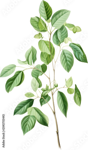 Watercolor green leaves, leafy branch, botanical illustration, plant stem