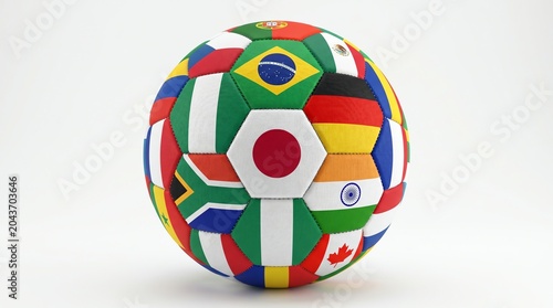 A vibrant 3D illustration of a globe-spanning soccer ball, showcasing diverse national flags, symbolizing international unity, sportsmanship, and global competition