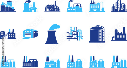 Tableau sur toile Various industrial factory buildings and plants complex structures with chimneys and pipes modern industry overview