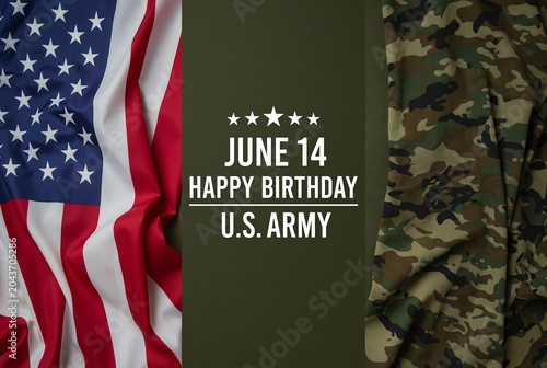 Celebrate U.S. Army Birthday June 14 with US Flag and Camouflage Background Graphic
