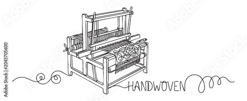 Minimalist continuous line art vector illustration of a traditional wooden weaving loom with woven fabric, representing craft, heritage and handmade textile concept