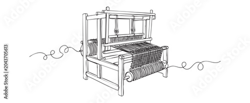Continuous line art illustration of a traditional loom with woven fabric, symbolizing craftsmanship, manual work, and industry heritage as a minimalist vector design concept