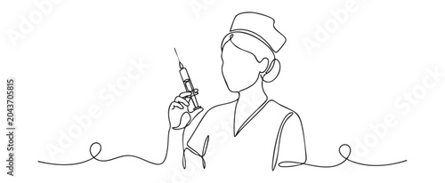 Continuous line art vector illustration of a professional female nurse holding a syringe for immunization, vaccination and medical healthcare treatment concept