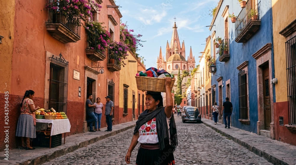 Naklejka premium San miguel de allende street scene with vendor and historic church