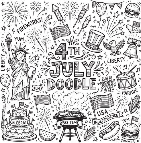 4th of July Doodle Collage with Fireworks BBQ and Patriotic Symbols