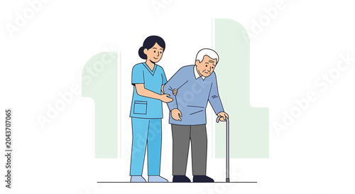 Nurse assisting elderly man with walking cane, healthcare, support, and care concept