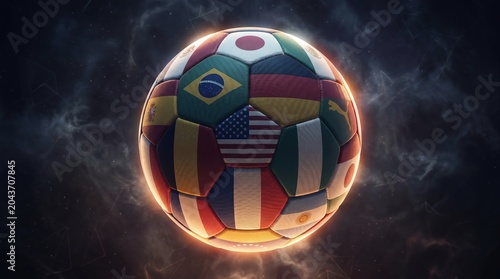 A dramatic 3D illustration of a glowing soccer ball adorned with flags from various nations, symbolizing global unity and the spirit of international sports competition