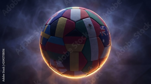 Global soccer sphere showcasing diverse national flags with ethereal glowing aura