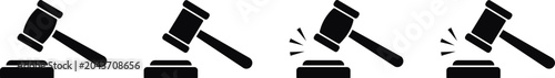 Foto Judge gavel icons set features solid black silhouettes, courtroom hammer symbols represent law justice and the legal system, auction bid verdict strike vector illustration