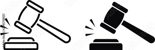 Foto Judge gavel icons set includes black linear outlines and solid silhouettes style, courtroom hammer symbols represent law justice and legal systems, auction bid verdict vector illustration