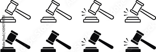 Bild auf Leinwand Judge gavel icons set includes black linear outlines and solid silhouettes style, courtroom hammer symbols represent law justice and legal systems, auction bid verdict vector illustration