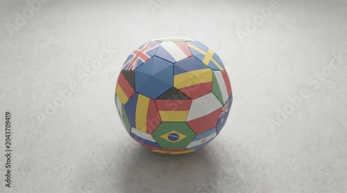 Global Unity Football An engaging 3D illustration depicting a soccer ball composed of numerous national flags, representing international camaraderie and worldwide sporting events