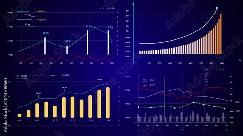 Modern Financial Analytics HUD table graph Data Interface. Blue background