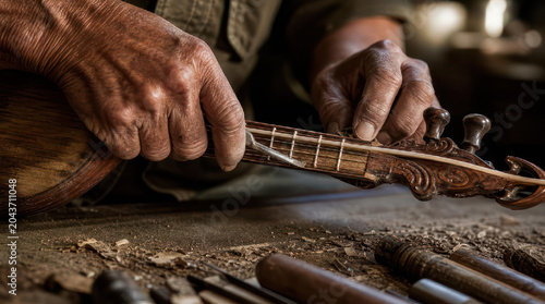 Closeup of a craftsmans hands tuning a stringed instrument.