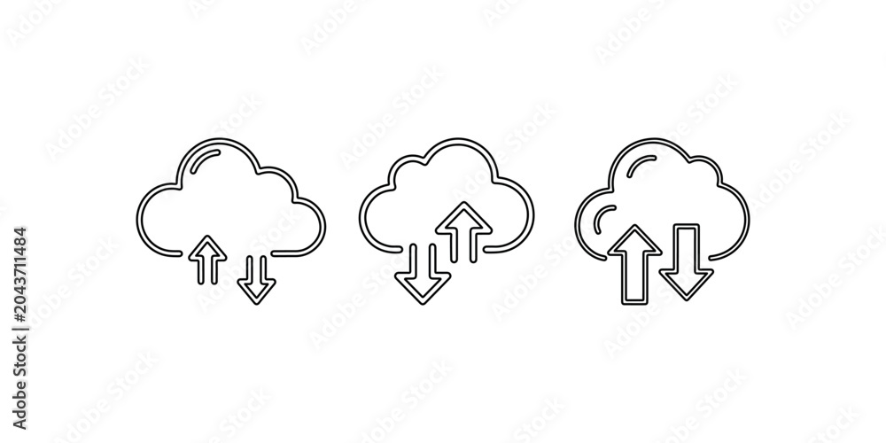 Obraz premium Cloud data exchange icon set with upload and download arrows for server connectivity transfer synchronization storage management and network technology.