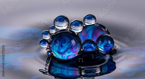 Colorful water droplets merging on reflective surface with vibrant bokeh background