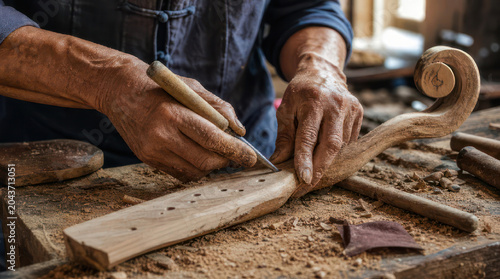 Craftsman shaping wood with hand tools in workshop.
