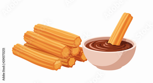 A vector graphic illustration of churros with chocolate dipping sauce on a white background