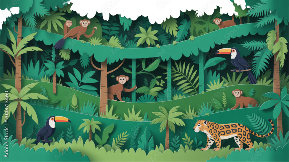 Fototapeta premium Colorful jungle scene with animals and people exploring tropical forest Vector