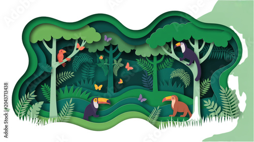 Photography Colorful cartoon animals playing in a lush jungle forest Vector