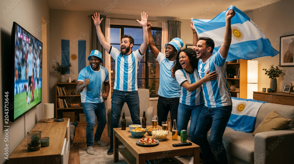 Fototapeta premium Hinchas argentinos celebrando partido de fútbol en casa