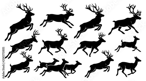Deer Silhouettes Running in Formation.
