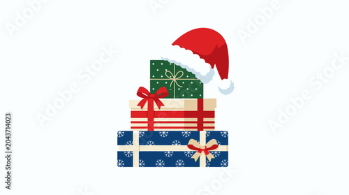 Wrapped presents with Santa hat on top.