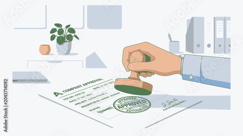 Hand holding rubber stamp sealing document.