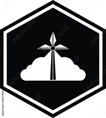 Wind turbine with cloud icon inside black hexagon badge vector template