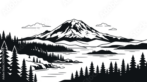 Black and white mountain landscape scene.