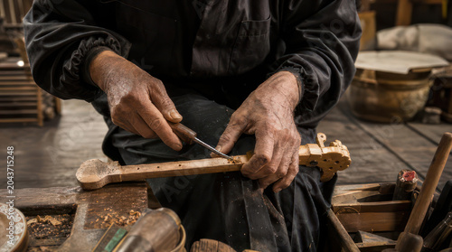 Hands of Craftsman Carving Wood Instrument with Precision.