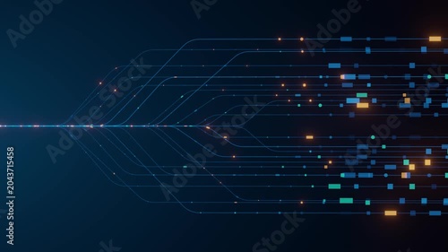 Abstract data flow branching lines on dark blue background with glowing cyan, green, and orange data particles. Technology concept for AI pipeline, bigdata streaming, neural network, and digital