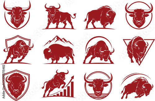Set of bull and bison icons, vector illustrations of aggressive animals