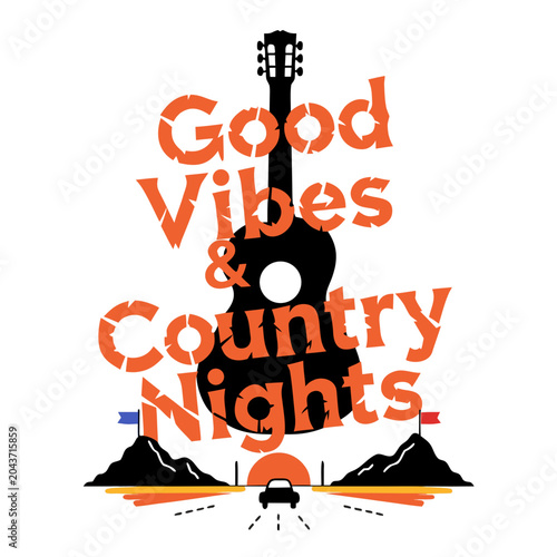 Good vibes and country nights, vintage guitar silhouette with road trip illustration, journey to music, travel inspiration.