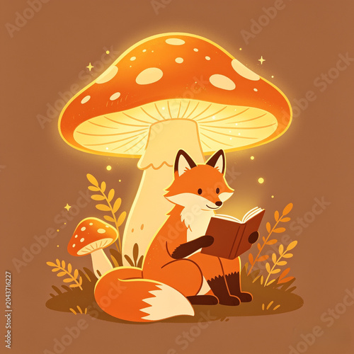 A cartoon fox sits under a mushroom reading a book peacefully
