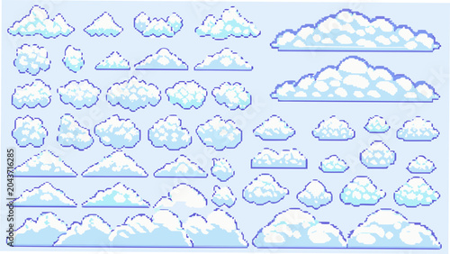 pixelated clouds in various shapes on light blue background cloud pixel art sky elements weather icons game assets retro graphics digital