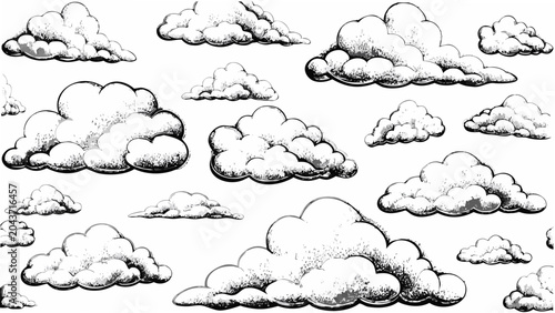 cumulus clouds in black and white sketch style drawing sky weather atmosphere nature pattern background vector artwork illustration design graphic element
