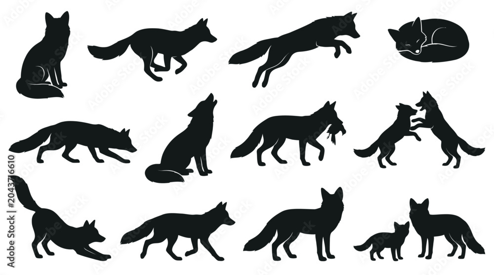 Obraz premium Fox Silhouette Set – 12 Poses Black Vector Clipart Wildlife Collection