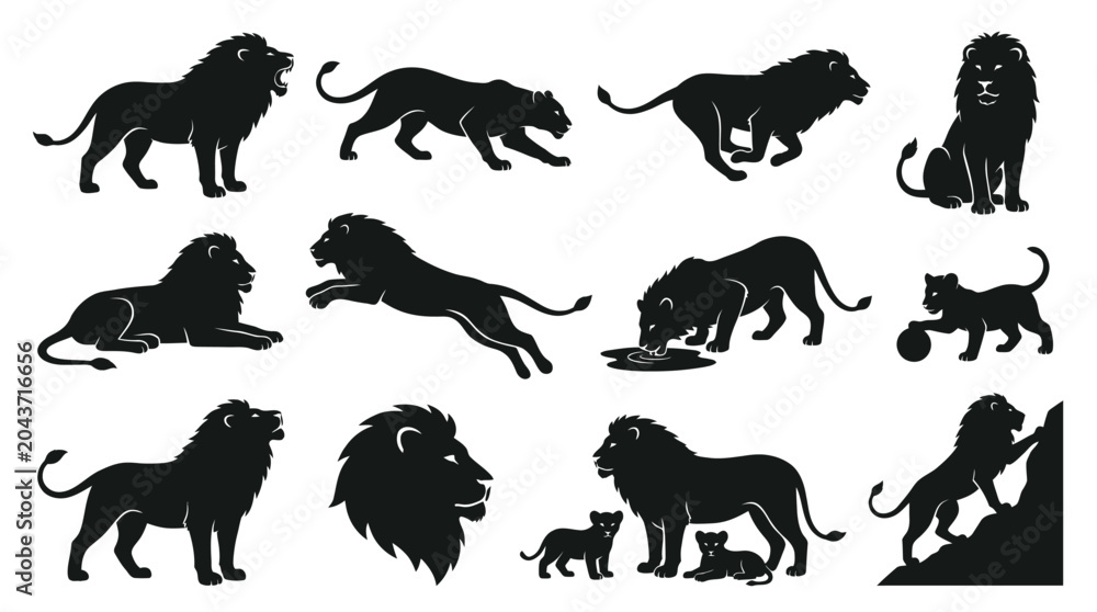 Fototapeta premium Lion Silhouette Set – 12 Poses Black Vector Clipart Wildlife Collection
